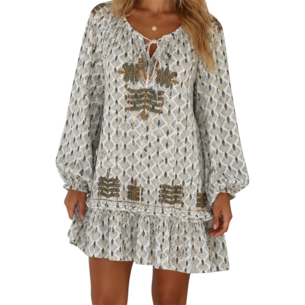 Skemo Dress Beaded Embroidery Allover Print Drop Waist Boho Hippie Scoop Large